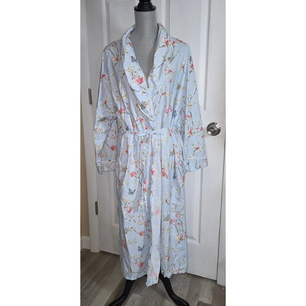 Ella Simone Blue Cotton Floral Butterfly Wrap Robe Made in Portugal Large